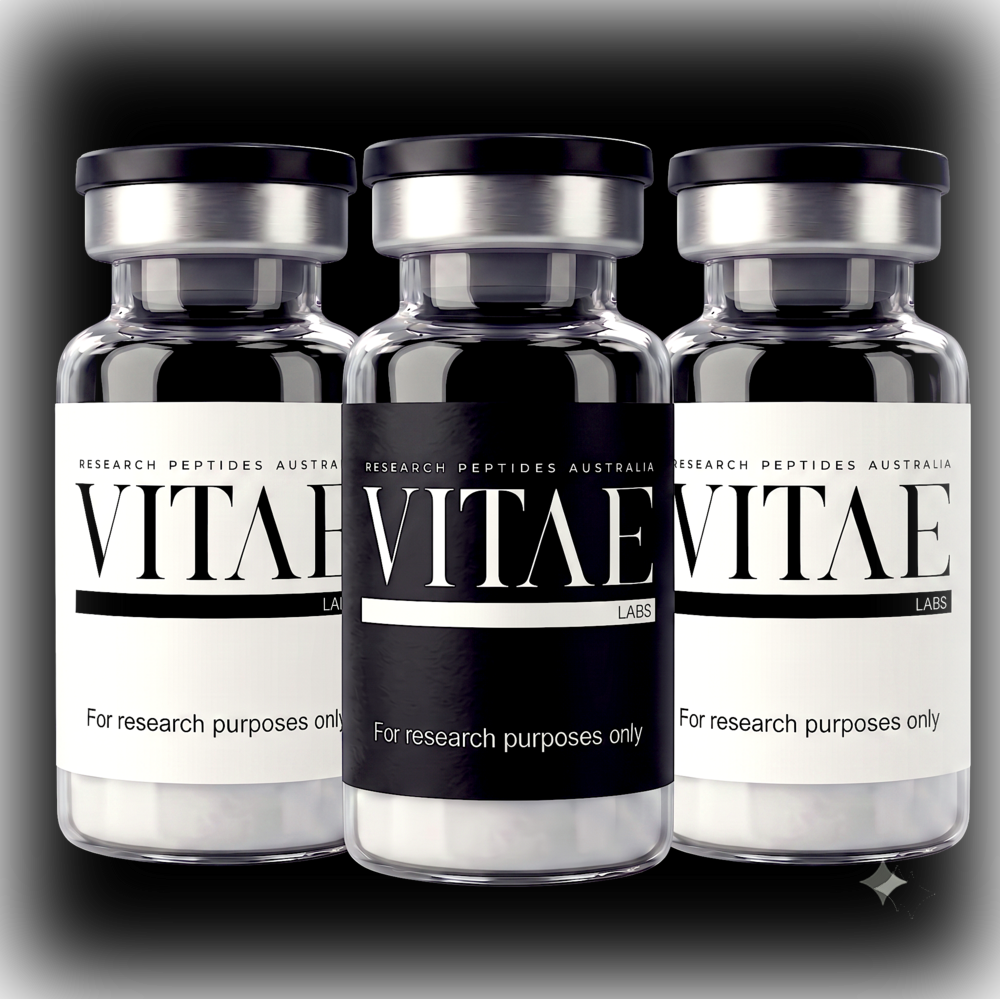 Vitae Labs research peptide vials — white and black label